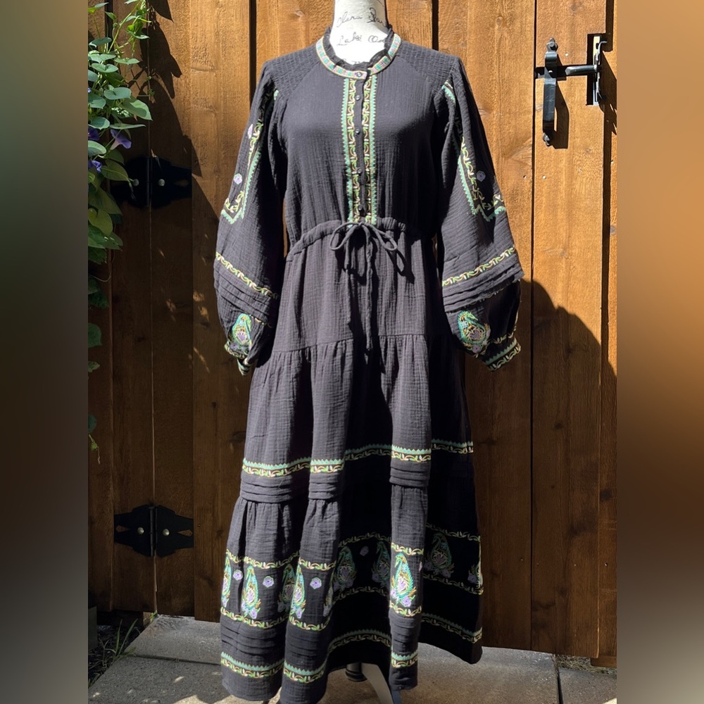 Secret Mission Felicia Maxi Dress Black with Paisley Embroidery Size M NWT